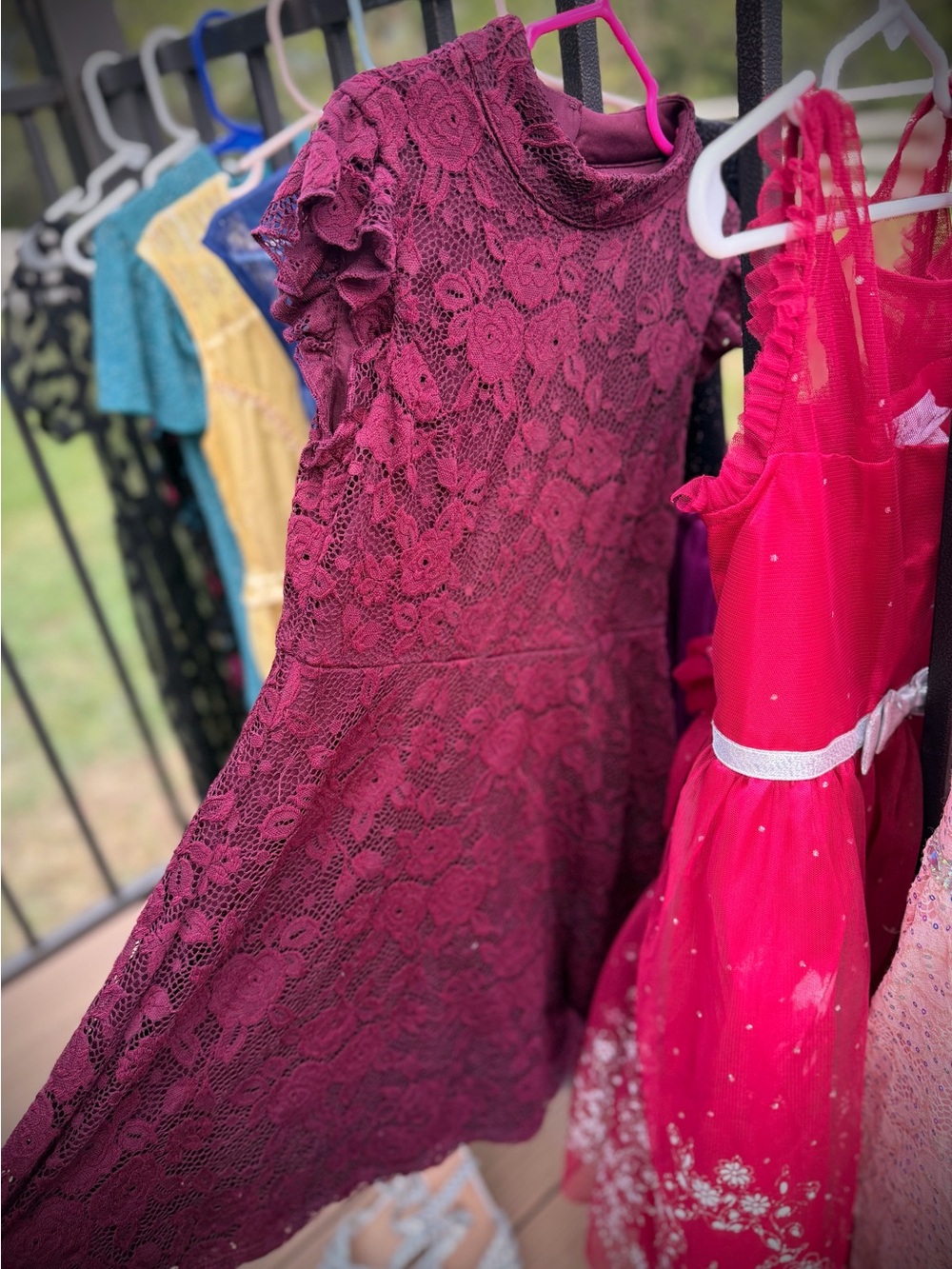 ZUNIE | 6 / 8 | Girls Maroon Nylon Lace Stretch High Neck Flutter Sleeve Dress